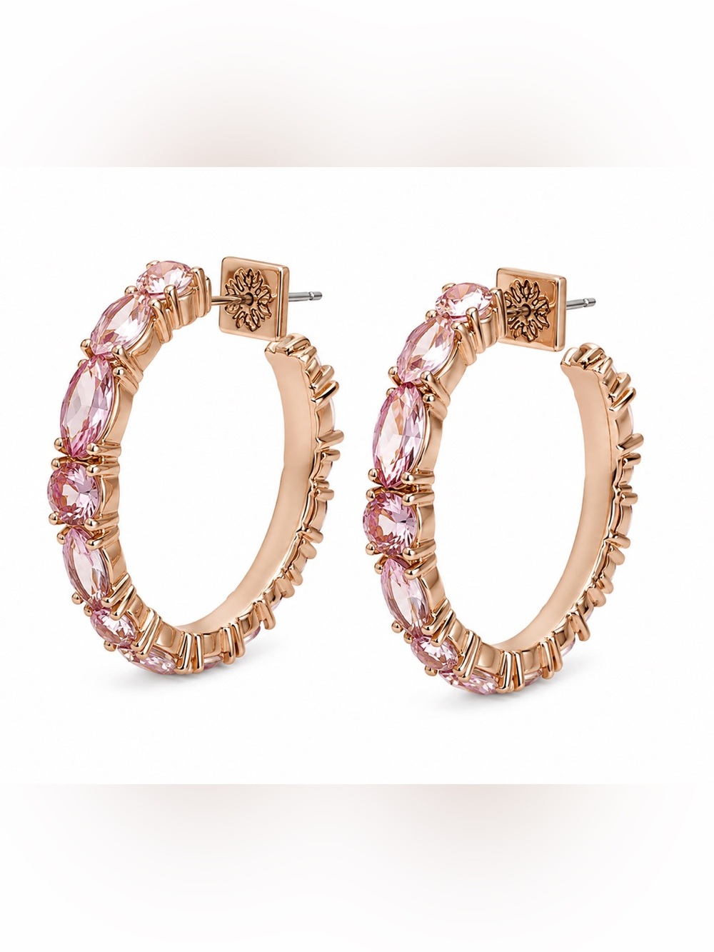 Rose-Tone Hoop Earrings with Pink Gem Accents